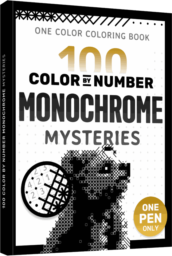 100 Color by Number Monochrome Mysteries, a one color coloring book for adults, with a bear drawn in black marks on the cover.