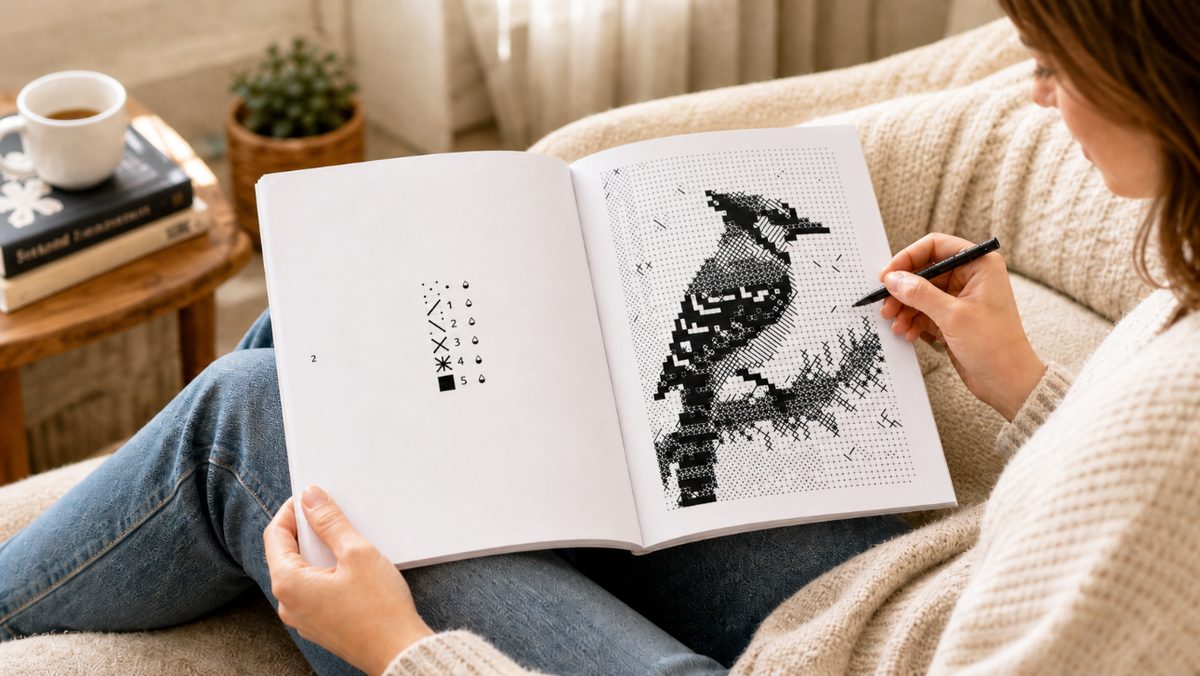 A woman on a sofa coloring the monochrome book with a black pen, a blue jay appearing on the right page.