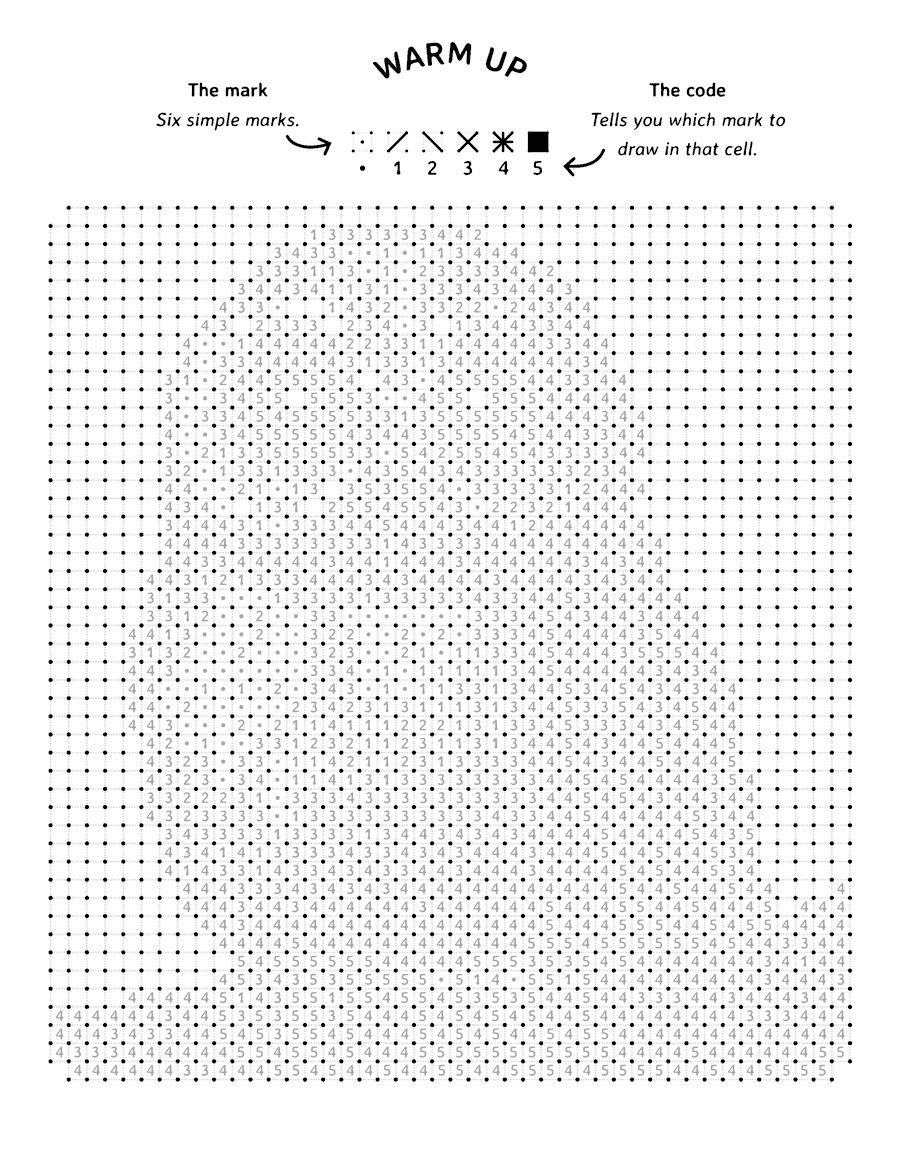 The free monochrome color by number PDF warm-up page: the six marks and their numbers at the top, a grid of numbers to draw below.