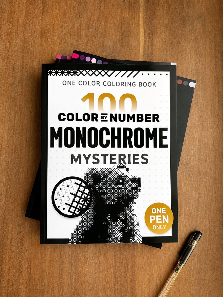 The 100 Color by Number Monochrome Mysteries book on a wooden table, with a single black pen beside it.